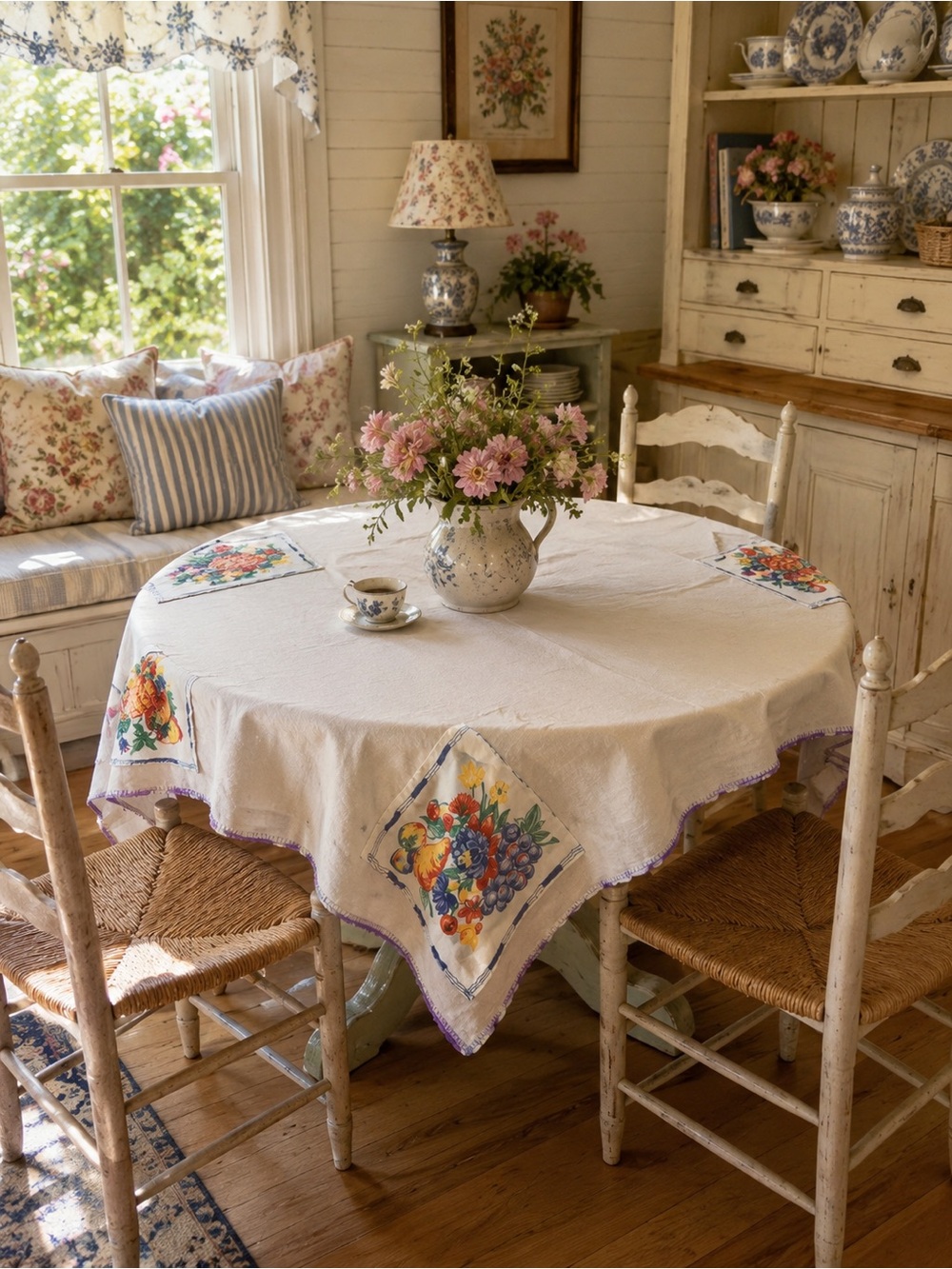 Vintage cotton tablecloth fruit print patches crochet edge 34x36 grannycore